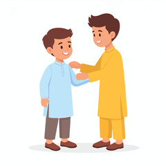Two boys in traditional clothing, one helping the other, a heartwarming scene of respect and care.