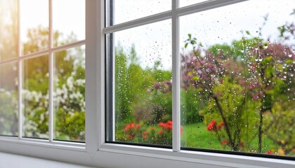 Raindrops on Window with Garden View Soft Sunlight and Blooming Flowers.