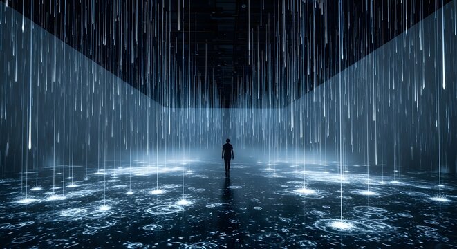 A Solitary Figure in an Immersive Universe of Cascading Digital Rain and Luminous Ripples.