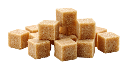 Closeup macro of a stack of brown sugar cubes isolated on a white background