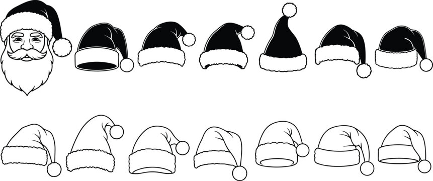 Set of Santa Claus hats and head illustration, Christmas winter holiday hats collection, festive costume accessories vector, seasonal celebration designs, black and white icons