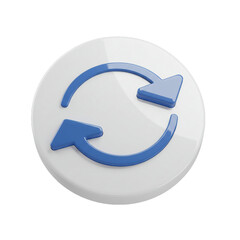 A striking three-dimensional rendering of a circular white button with two blue arrows forming a refresh or sync icon, conveying concepts of renewal and digital process.