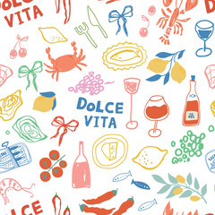 La Dolce Vita seamless pattern. Vector Italian summer food, sardines, picnic, lobster. tomatoes, vine. Cute hand drawn food wrap, Mediterranean kitchen wallpaper, textile design, print, background
