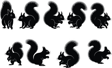 Set of squirrel silhouette vector illustrations, multiple poses, fluffy tails, sitting and standing squirrels, perfect for wildlife, forest, and animal designs