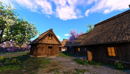 Fototapeta premium Rustic Village Scene Thatched Roof Cottages Amidst Blooming Trees Under Bright Sky.