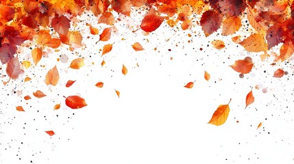 Obraz premium A vibrant autumnal scene featuring falling leaves in shades of red, orange, and brown against a white backdrop, creating a lively and colorful composition