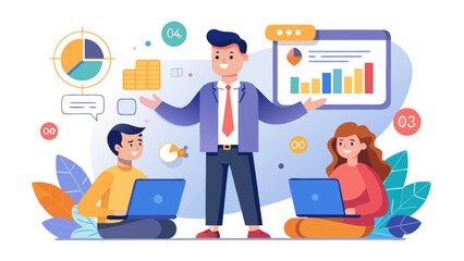 A man is standing in front of a group of people, with a woman and a boy sitting in front of him. The man is giving a presentation, and the group is listening attentively