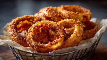 A close up shot of golden brown onion rings piled in a metal basket with parchment paper inside it