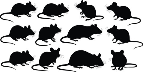 Silhouette illustration of multiple rats and mice in various poses, black vector animal design, isolated rodent collection for wildlife, pest control, and nature concepts