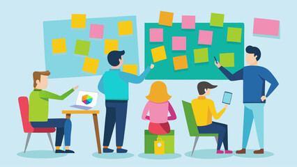 A group of people are standing around a white board with a lot of notes on it. They are smiling and seem to be having a good time. Scene is positive and collaborative