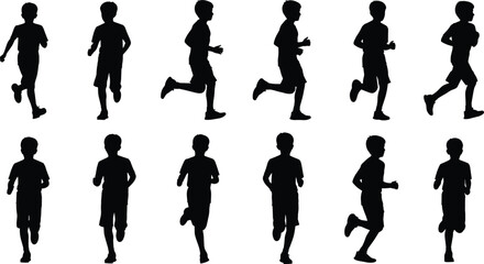 Silhouette vector of running boy, child jogging clipart, active kid illustration, black isolated figure, fitness concept, cartoon run pose collection