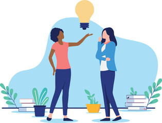 Women with idea - Illustration of two businesswomen coming up with great ideas at work holding big light bulb. Brainstorming concept, flat design vector with white background