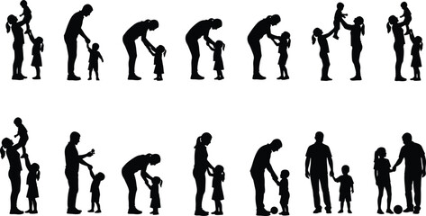 Silhouette set of parents and children in various activities, family vector illustration for parenting, childhood, bonding, love, care, and happiness themes
