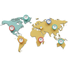 A vibrant three-dimensional rendering of a world map featuring multiple colorful clocks strategically placed across continents, symbolizing global time zones and international connectivity.
