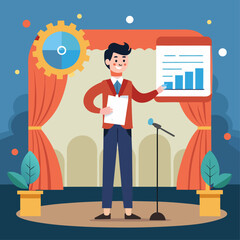 A man stands on a stage in front of a crowd, holding a piece of paper. The paper has a list of questions on it, and the man is smiling as he presents it to the audience