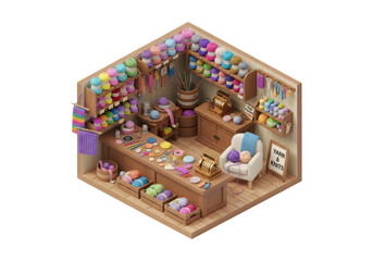 Obraz premium Isometric Pixel Art of a Craft Store Filled with Balls of Yarn and Knitting Supplies in a Cozy Display with Wooden Furnishings