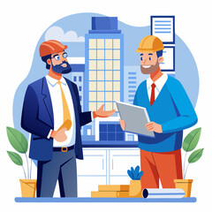 Two men are talking about a building. One man is wearing a suit and tie. The other man is wearing a blue shirt and orange pants. They are standing in front of a building