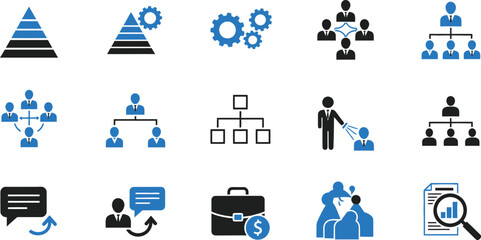 Collection of business related icons depicting hierarchy, teamwork, and financial analysis