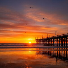 Obraz premium Magnificent Sunset Reflecting on Wet Sand, Under a Picturesque Coastal Pier