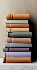A neatly stacked pile of hardcover books with muted pastel and earthy tones, arranged vertically against a neutral background.