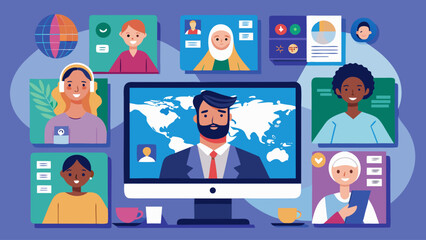 A group of people are connected through a laptop screen. The man in the center is smiling and he is the leader of the group. The people on the left side of the screen are wearing ties