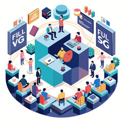 A group of people are gathered around a table with a sign that says 