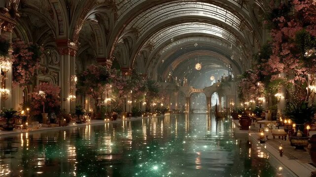 Luxurious indoor pool decorated with candles and flowers inside elegant palace hall with sparkling atmosphere