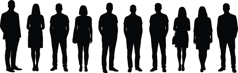 Standing people silhouette vector set, man and woman black icons, front view human figures, casual and formal poses clipart collection