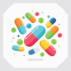 Colorful Capsules and Pills Scattered on White Background