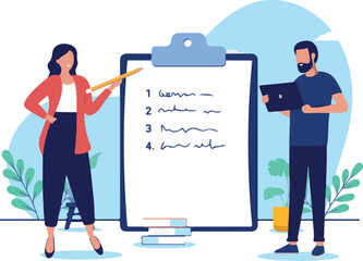 People and clipboard - Man and woman standing in front of numbered list taking notes and presenting business plan. Flat design vector illustration with white background