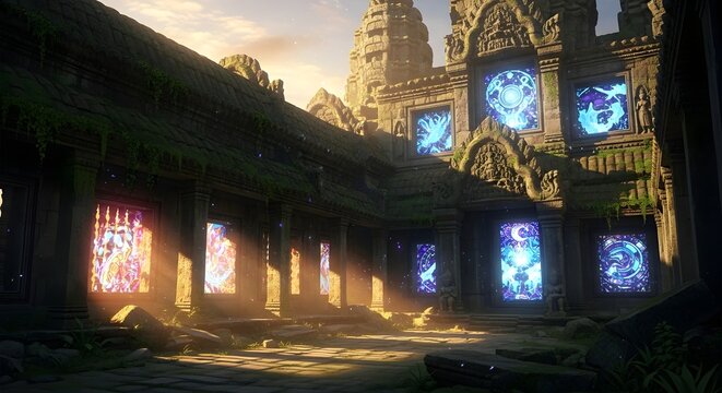 Ancient Temple Ruins Illuminated by Glowing Celestial Portals at Sunset.