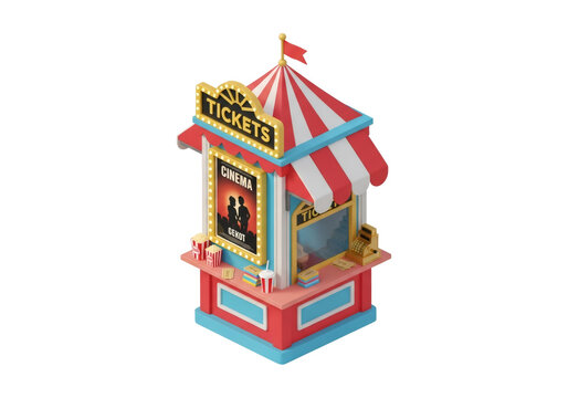 Isometric Ticket Booth Kiosk Cinema Stand with Red Stripes and Lights with a Poster on Isolated Transparent Background