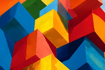 Abstract artwork featuring colorful 3D geometric cubes in vibrant hues of blue, red, yellow, green, and orange. The composition provides a dynamic and visually engaging design.