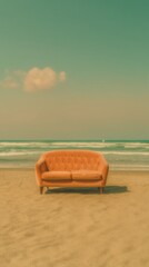 Vintage Velvet Sofa on Beach with Relaxed Ginger Cat &mdash; Cinematic Quirky Summer Scene with Pastel Sky