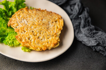 Hash brown potato rosti hash brown vegetables food tasty snack fresh delicious gourmet food background on the table rustic food top view copy space vegan and vegetarian food