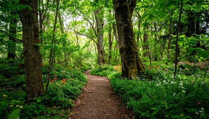 Fototapeta premium Winding Forest Path with Lush Greenery and Colorful Wildflowers in Bloom.