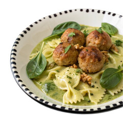 Fototapeta premium Delicious meatballs with farfalle pasta in creamy green sauce isolated on transparent background