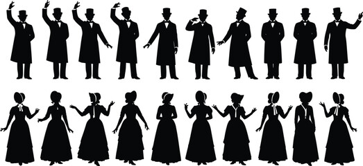 Vintage Victorian silhouettes collection, men and women in classic period clothing, old-fashioned dress and top hats, historical costumes vector set, retro fashion icons