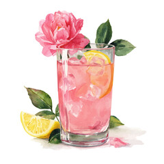 Watercolor vector illustration of Rose Lemonade, isolated on white background.
