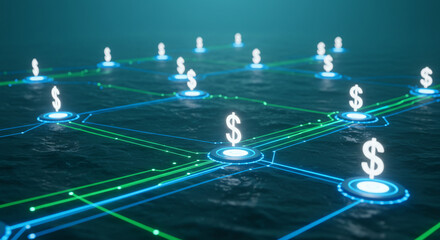 Network of glowing dollar signs connected by blue and green lines, representing financial transactions or digital currency.