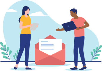 People and newsletter - Woman and man working on business newsletters showing thumbs up. Flat design vector illustration with white background