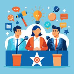 A group of people are sitting around a table with microphones and laptops. They are all smiling and seem to be having a good time. Concept of camaraderie and teamwork