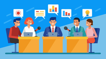 Obraz premium A group of people are sitting around a table with microphones and laptops. They are all smiling and seem to be having a good time. Concept of camaraderie and teamwork