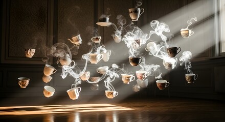 A Surreal Tea Party: Levitating Cups Dance in Sunbeams and Swirling Steam