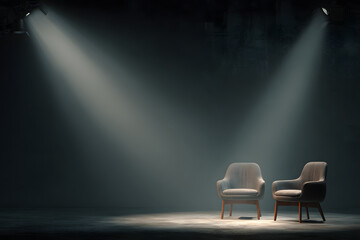 Elegant podcast studio with two chairs facing each other under spotlights, dark background with space for branding or media elements