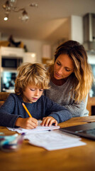 Fototapeta premium Creative Family Moment – Mother Helping Child Draw in Cozy Home Interior