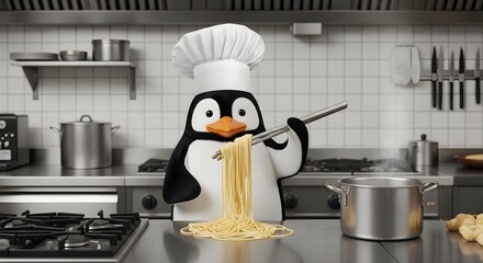 Charming Penguin Chef in a Toque Hat Lifts Spaghetti in a Professional Stainless Steel Kitchen