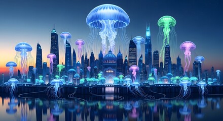 Luminous Jellyfish Drift Through a Surreal Futuristic Metropolis at Twilight