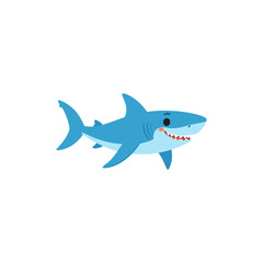Fototapeta premium Cute cartoon blue shark character smiling. Friendly underwater sea predator animal illustration for kids, isolated on white background.
