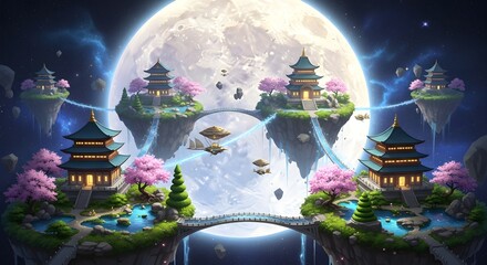Celestial Sanctuaries: Floating Pagodas and Sakura Before a Luminous Moon